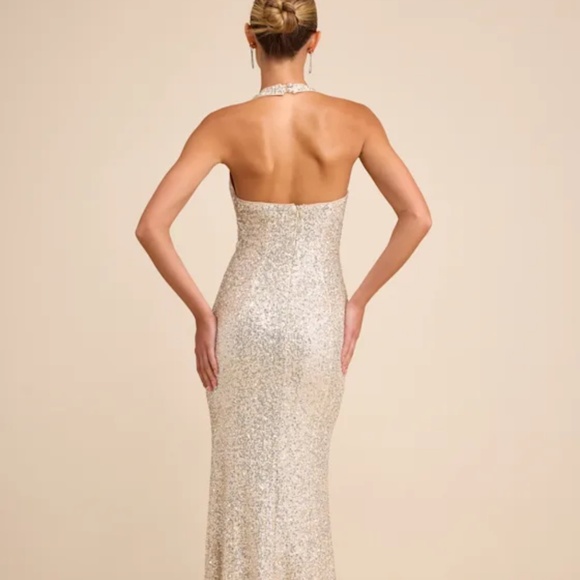 Lulus Velenia Champagne Sequin Halter Mermaid Maxi Dress Gold - Size S - Picture 2 of 4